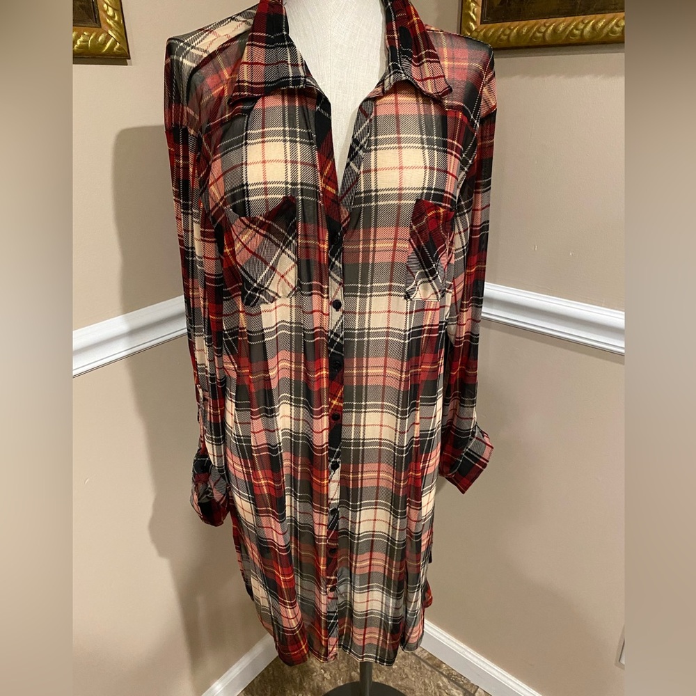Coverup Shirt long sleeve button down sheer plaid 3X